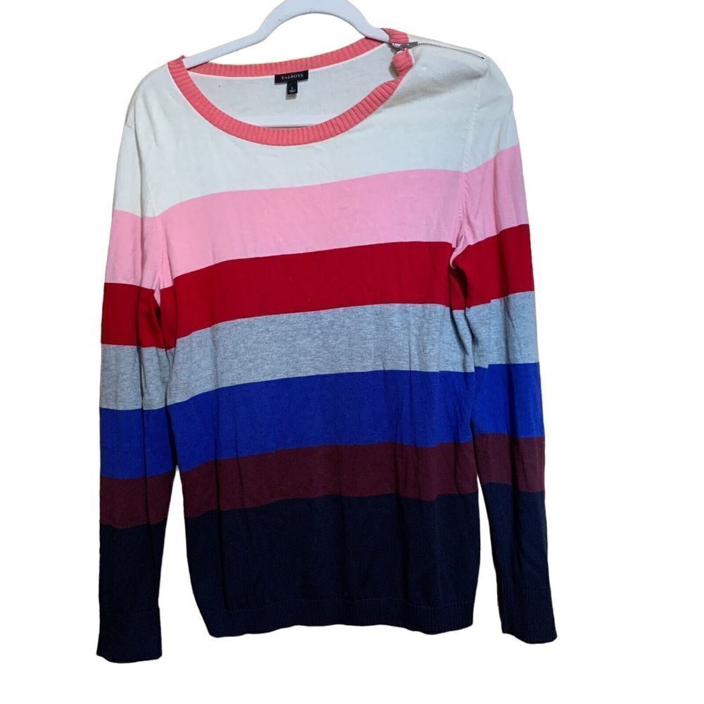 Talbots Size Large Multicolor Stripe Zipper Shoulder Detail Pullover Sweater